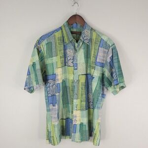 Tori Richard Shirt Mens Medium Green Blue Abstract Hawaiian Aloha Cotton Lawn US